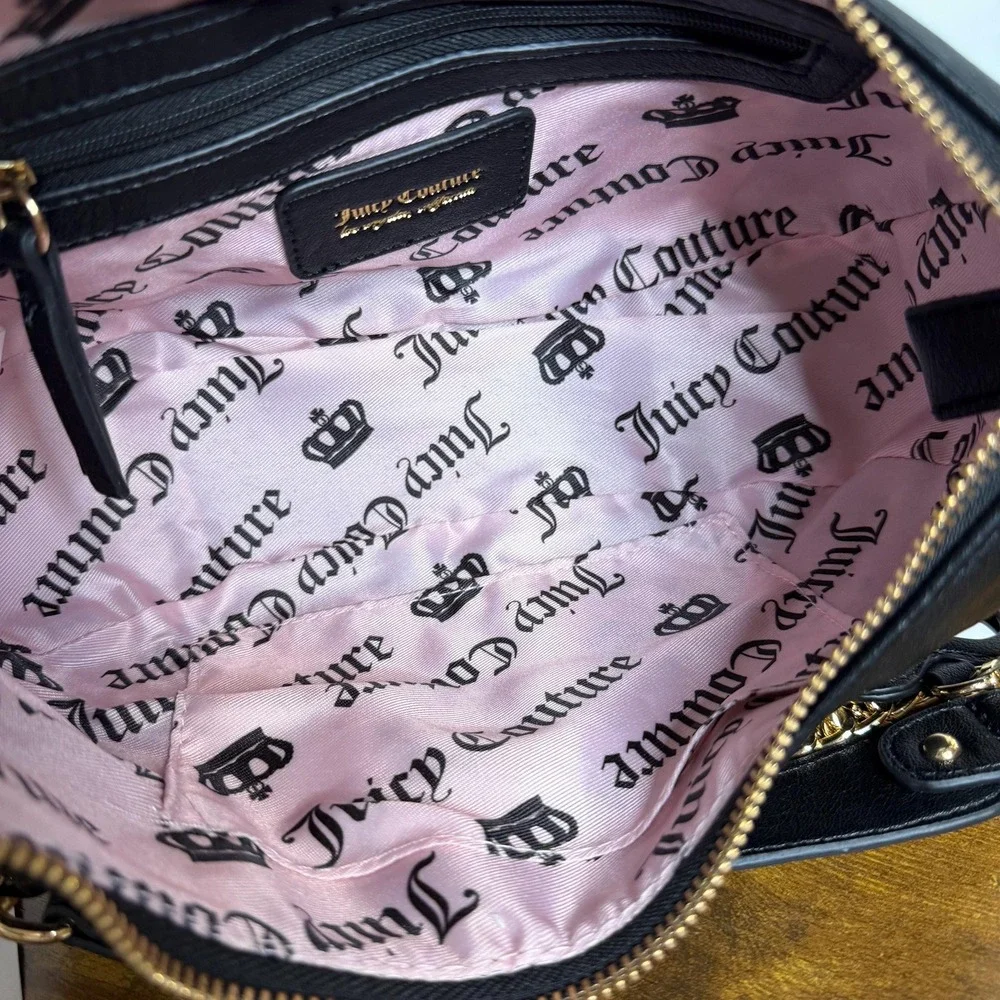 New Juicy Couture Rolling On Hobo Shoulder Handbag Black Gold Charms Cute
